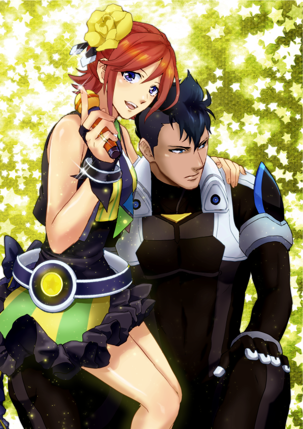 1boy, 1girl, arm_around_shoulder, black_gloves, black_hair, blue_eyes, bridal_gauntlets, cero_(cerocero)