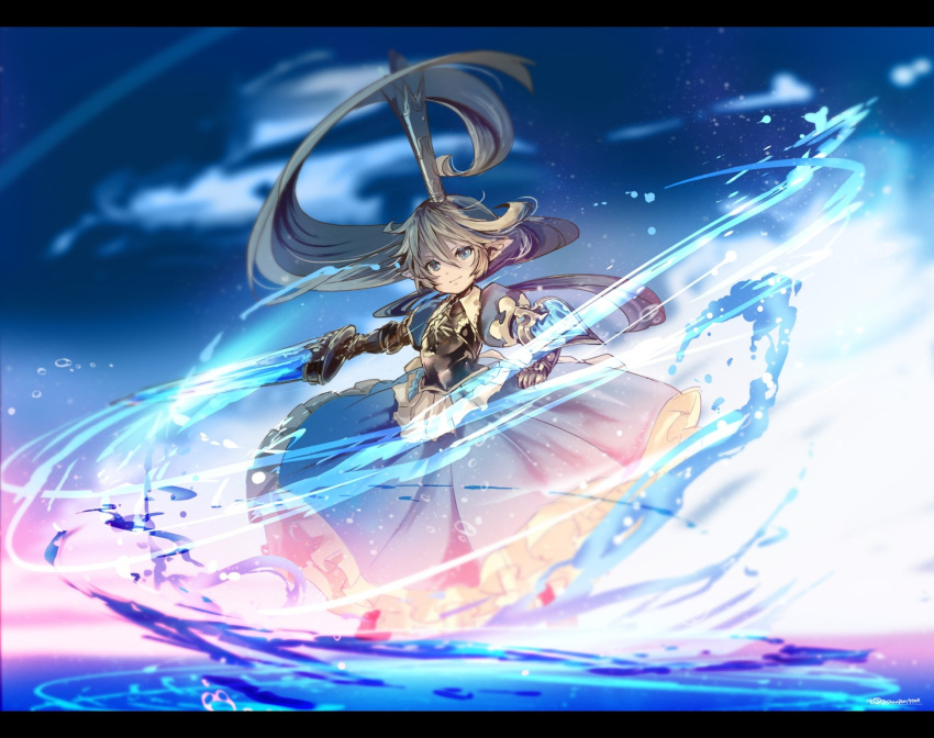 1girl, armor, armored_boots, armored_dress, blonde_hair, blue_dress, blue_eyes, blurry