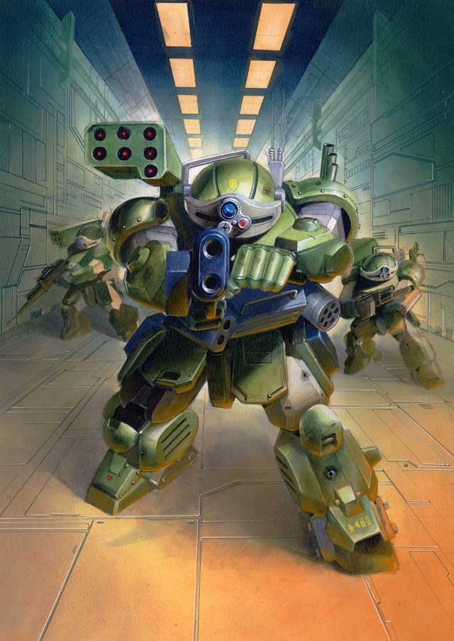 80s, armored_trooper_votoms, corridor, gun, hyaku_todoroki, mecha, official_art, oldschool
