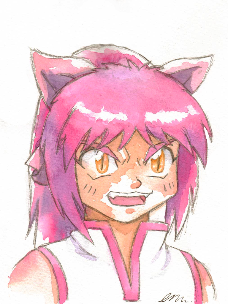 1girl, animal_ears, beyblade, blush, cat_ears, emily_clark, fangs, open_mouth, pink_hair, shiny, shiny_hair, shirt, simple_background, sleeveless, sleeveless_shirt, slit_pupils, solo, teeth, traditional_media, watercolor_(medium), white_background, white_shirt, yellow_eyes