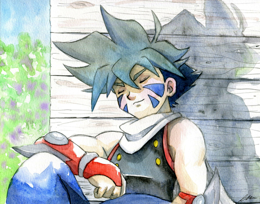1boy, against_wall, beyblade, black_shirt, blue_pants, building, closed_mouth, day
