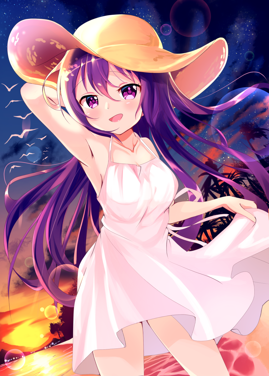 1girl, :d, arm_behind_head, breasts, collarbone, cowboy_shot, dress, dusk, floating_hair, gochuumon_wa_usagi_desu_ka?, hair_between_eyes, hat, highres, lens_flare, long_hair, looking_at_viewer, medium_breasts, open_mouth, outdoors, pix_mloof, purple_hair, shiny, shiny_hair, short_dress, skirt_hold, sky, sleeveless, sleeveless_dress, smile, solo, standing, star_(sky), starry_sky, sun_hat, sundress, tedeza_rize, very_long_hair, violet_eyes, white_dress, yellow_hat