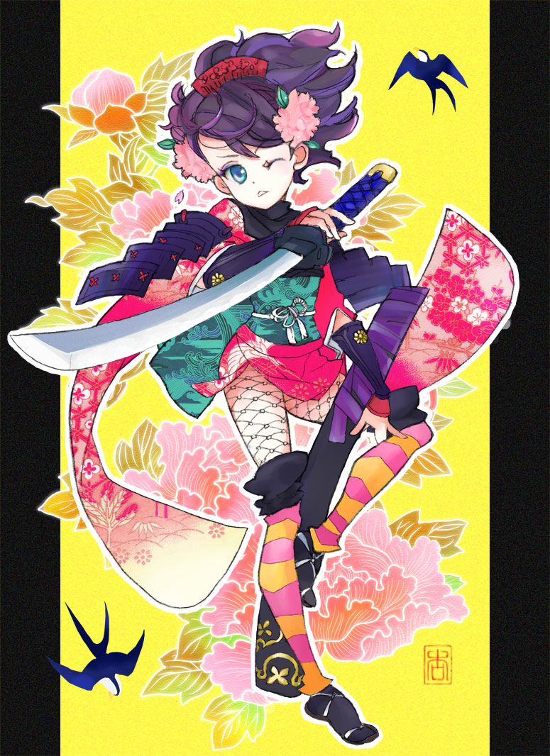 armor, bird, blue_eyes, brids, cherry_blossoms, comb, fishnets, floral_pattern, floral_print, flower, gauntlets, hair_comb, hair_flower, hair_ornament, japanese_clothes, katana, kimono, kote, kurokote, momohime, oboro_muramasa, oboro_muramasa_youtouden, original, pale_skin, purple_hair, sandals, sheath, short_kimono, skirt, sode, striped, striped_legwear, striped_thighhighs, sword, thigh-highs, thighhighs, weapon, wink