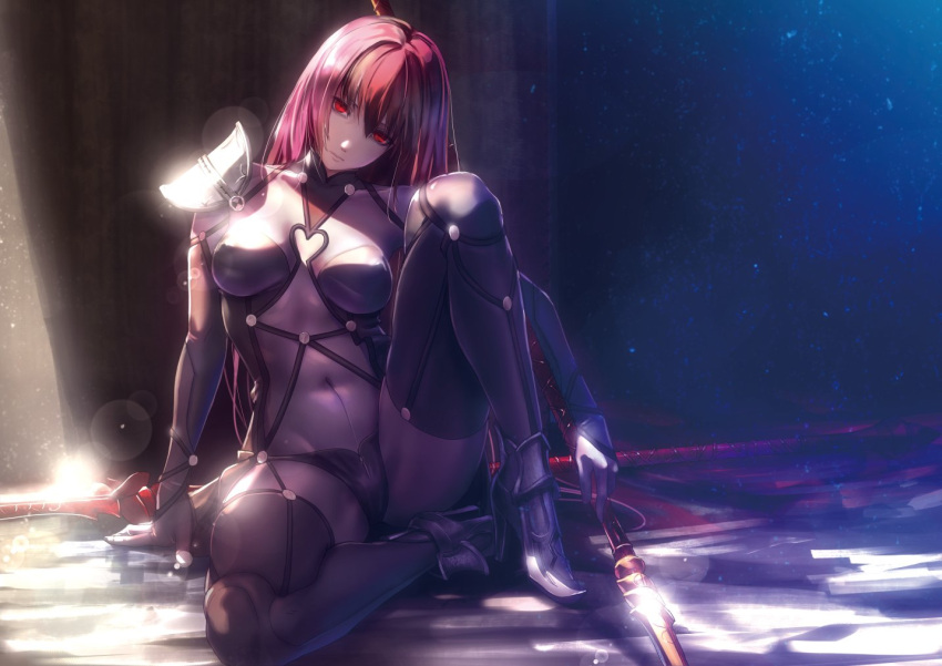 1girl, arm_support, armored_boots, bangs, bodysuit, boots, breasts, covered_navel