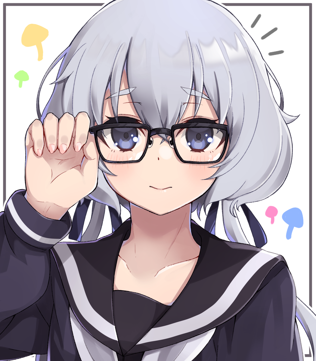 1girl, :>, black-framed_eyewear, blue_eyes, blush, collarbone, face, glasses