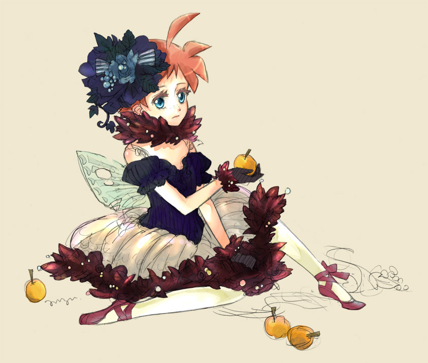 anzu_(pixiv), apple, apples, ballerina, ballet_slippers, blue_eyes, food, freckles, fruit, gloves, orange_hair, princess_tutu, shoe_ribbon, wings