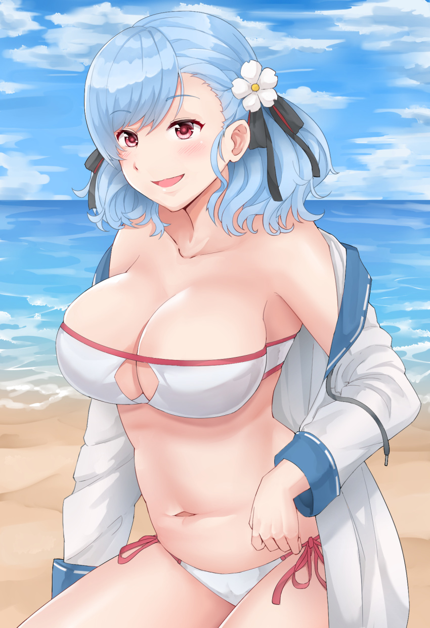 1girl, bangs, bare_shoulders, beach, bikini, blue_hair, blush, breasts