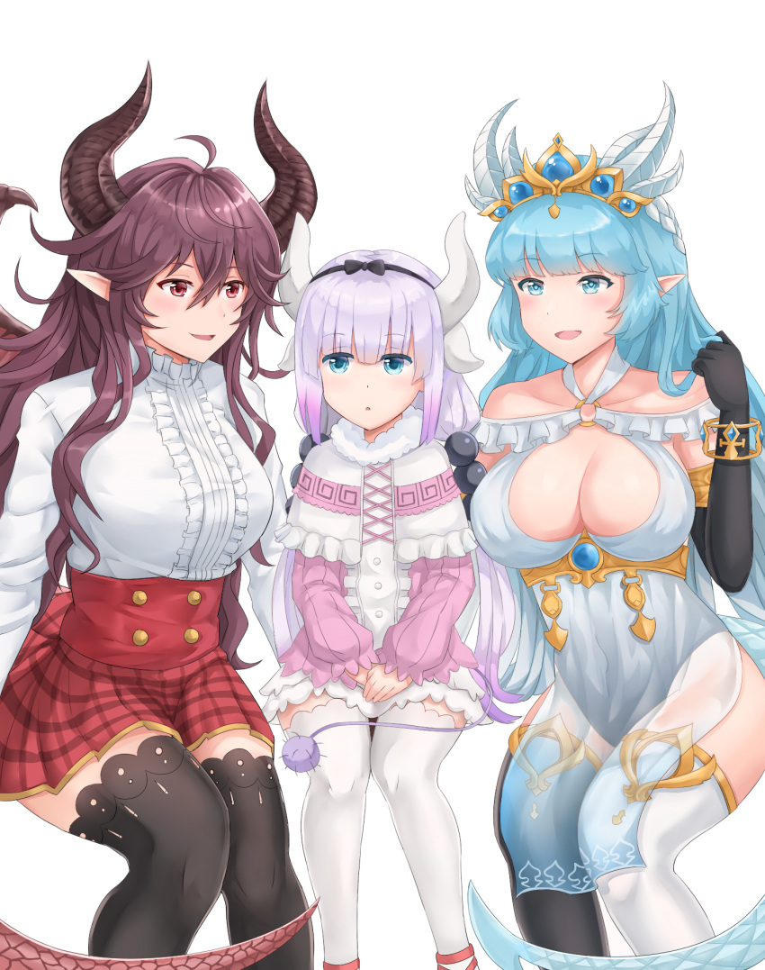 3girls, ahoge, bangs, bare_shoulders, beads, black_gloves, black_hairband, black_legwear