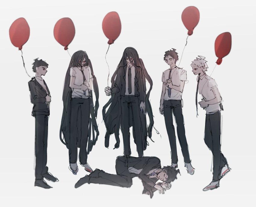 6+boys, balloon, black_footwear, black_hair, black_neckwear, brown_hair, dangan_ronpa, dangan_ronpa_3