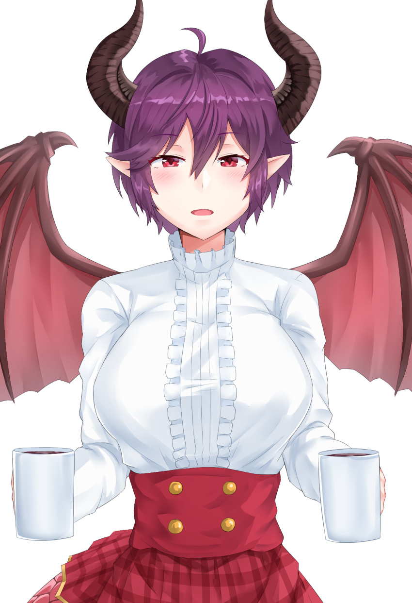 1girl, ahoge, blush, breasts, calligraphy_brush_(medium), center_frills, cup, dragon_girl, dragon_horns, dragon_wings, eyebrows_visible_through_hair, frilled_shirt, granblue_fantasy, grea_(shingeki_no_bahamut), hair_between_eyes, high-waist_skirt, highres, holding, holding_cup, horns, large_breasts, looking_at_viewer, mug, open_mouth, plaid, plaid_skirt, pointy_ears, purple_hair, red_eyes, red_skirt, shingeki_no_bahamut, shirt, short_hair, simple_background, skirt, solo, springveiv, white_background, white_shirt, wings