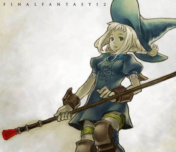 blonde_hair, braid, brown_eyes, dress, final_fantasy, final_fantasy_xii, hat, nichikyu, penelo, solo, staff, witch_hat