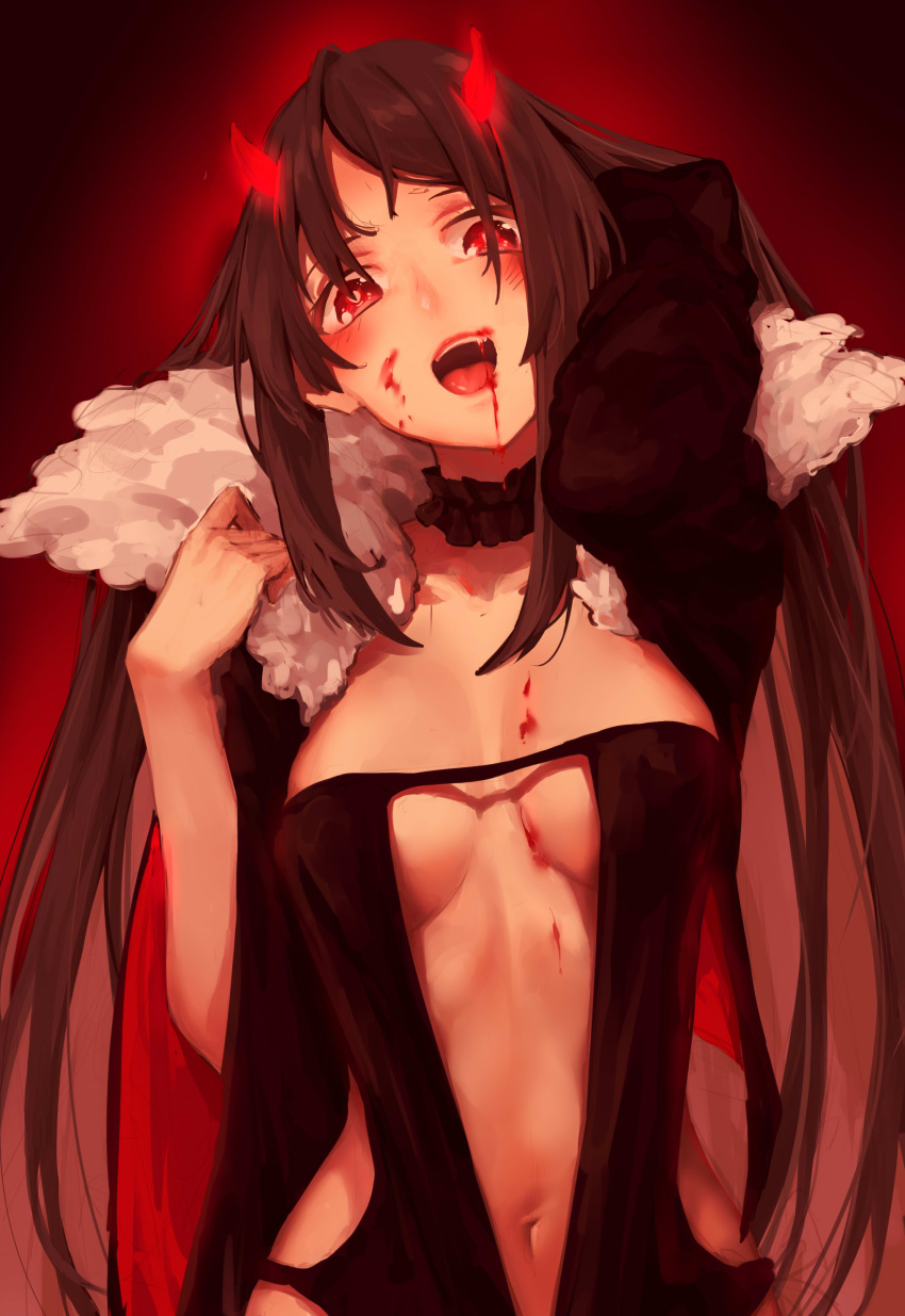 1girl, :d, absurdres, arm_up, bangs, black_dress, blood, blood_on_face