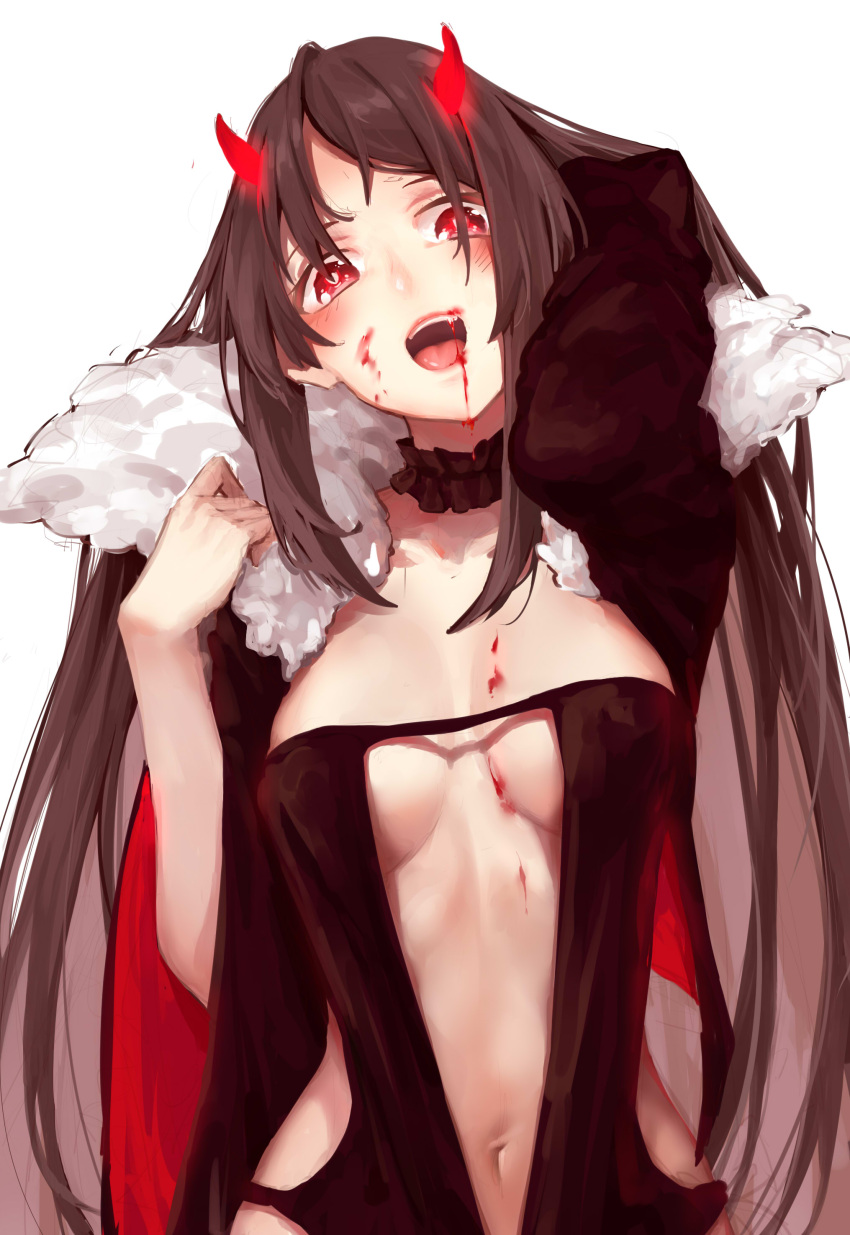 1girl, :d, absurdres, arm_up, bangs, black_dress, blood, blood_on_face