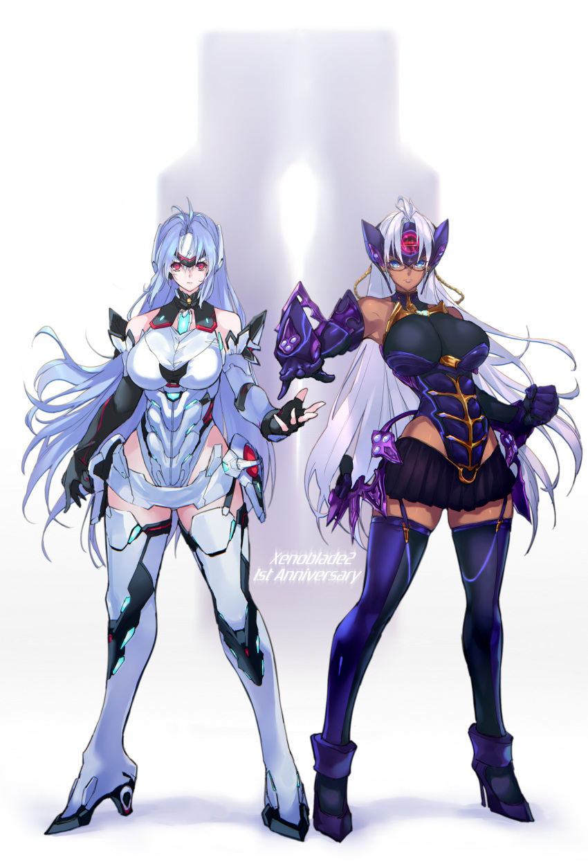2girls, absurdres, android, bare_shoulders, blue_eyes, blue_hair, breasts, cleavage