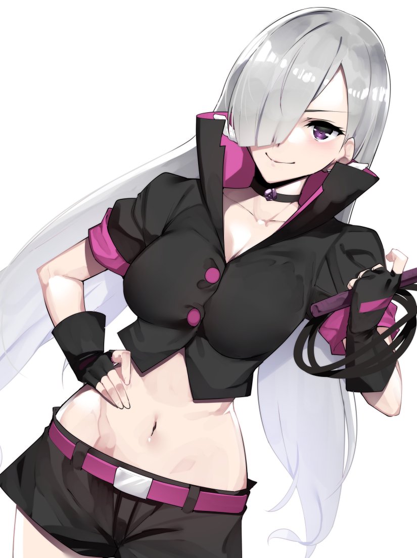 1girl, belt, black_choker, black_shirt, breasts, choker, cleavage, closed_mouth, collarbone, crop_top, dutch_angle, fingerless_gloves, gloves, groin, hair_over_one_eye, hand_on_hip, large_breasts, long_hair, looking_at_viewer, low_twintails, midriff, misa_(zombie_land_saga), navel, popped_collar, shirt, short_shorts, short_sleeves, shorts, silver_hair, smile, solo, stomach, tomohiro_kai, twintails, v-shaped_eyebrows, violet_eyes, whip, wing_collar, zombie_land_saga