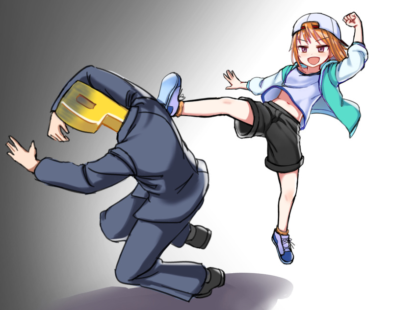 1boy, 1girl, :d, backwards_hat, baseball_cap, black_shorts, brown_eyes, falling