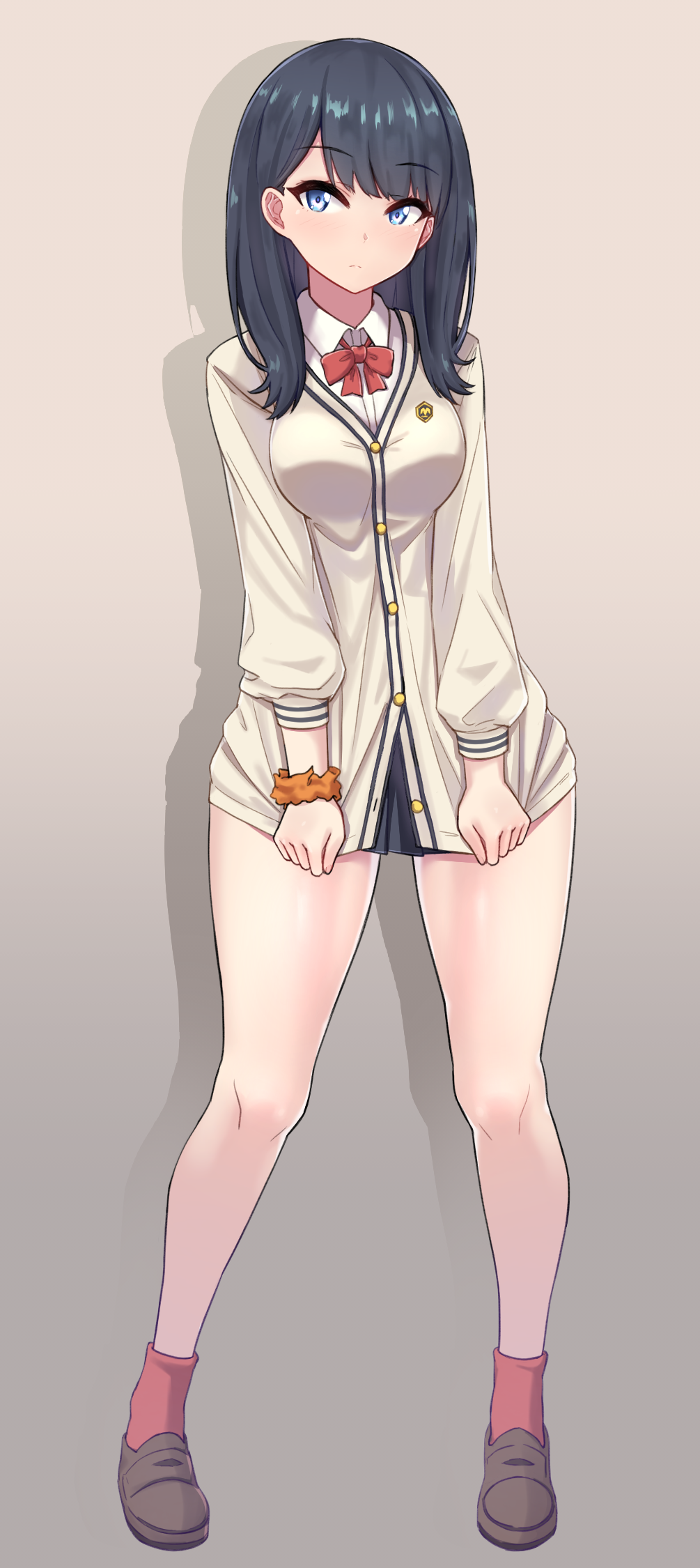 1girl, bangs, black_hair, black_skirt, blue_eyes, blush, bow, brown_footwear