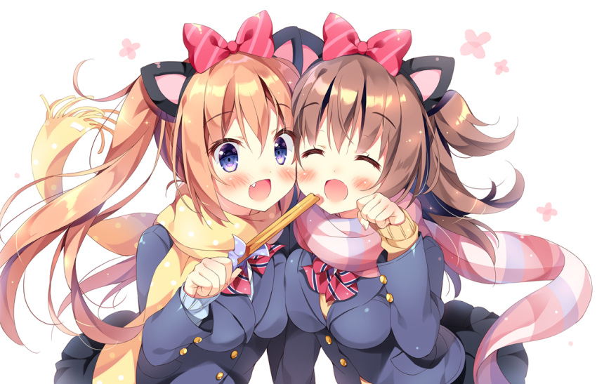 2girls, :d, ^_^, animal_ears, black_skirt, blazer, blue_cardigan, blue_eyes