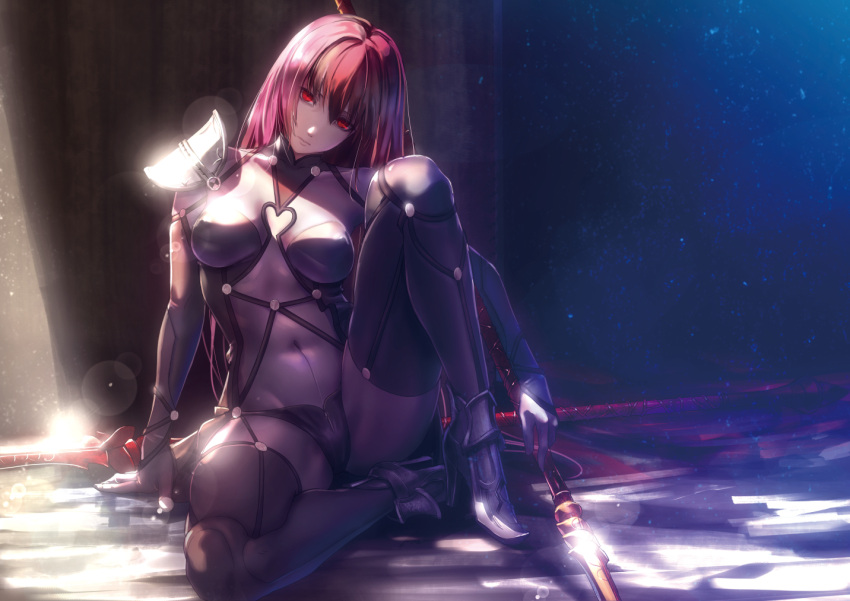 1girl, arm_support, armored_boots, bangs, bodysuit, boots, breasts, commentary_request, covered_navel, expressionless, eyebrows_visible_through_hair, fate_(series), gae_bolg, glint, hair_between_eyes, head_tilt, high_heel_boots, high_heels, holding, knee_up, large_breasts, light, light_particles, long_hair, looking_at_viewer, navel, nina_(ninageya), pauldrons, polearm, purple_bodysuit, purple_hair, red_eyes, scathach_(fate)_(all), scathach_(fate/grand_order), shade, sidelocks, sitting, solo, spear, tsurime, very_long_hair, weapon