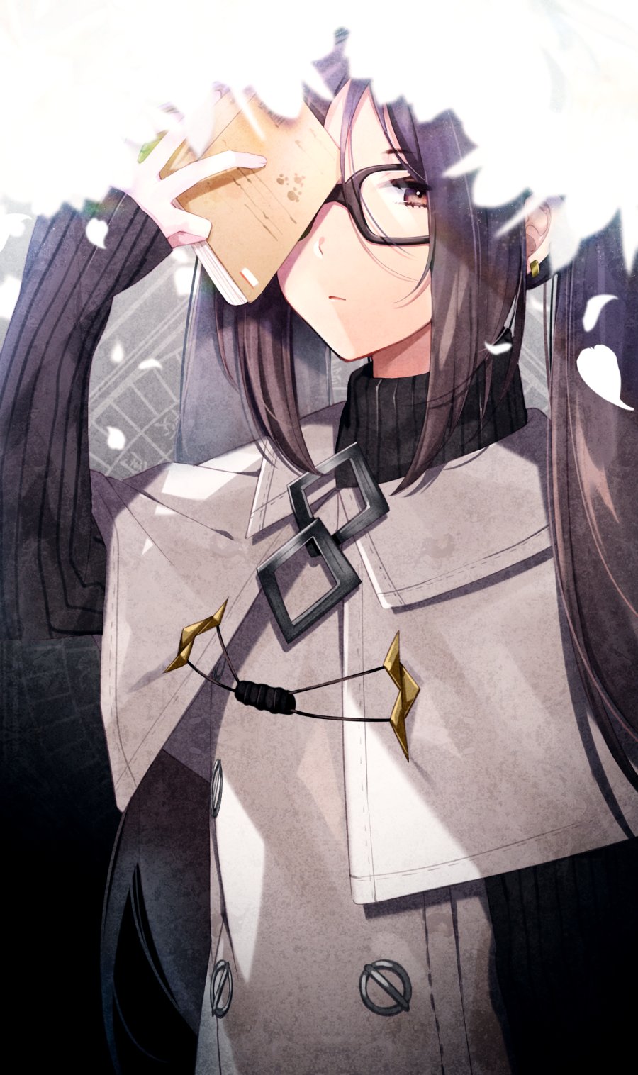 1girl, akuta_hinako, black_sweater, book, brown_hair, buttons, commentary_request, earrings