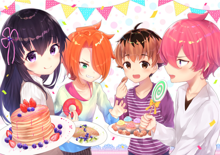 2boys, 2girls, :d, :q, ahoge, bangs, breasts, brown_eyes
