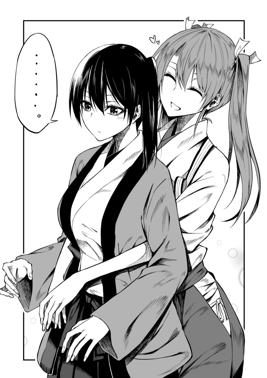 2girls, batabata0015, hair_ribbon, happi, highres, hip_vent, hug, hug_from_behind
