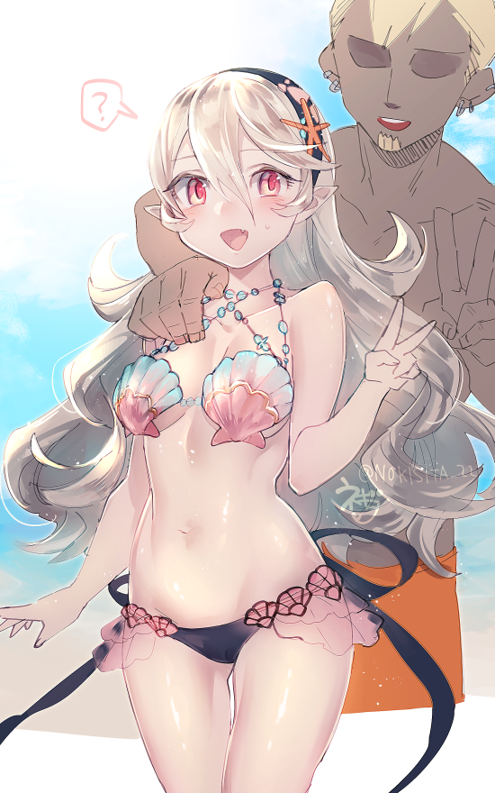 1boy, 1girl, bikini, bikini_top, blush, breasts, female_my_unit_(fire_emblem_if), fire_emblem