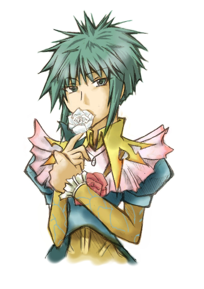 1girl, asellus_(saga_frontier), commentary_request, dress, flower, graphite_(medium), green_hair, rose, saga, saga_frontier, short_hair, solo, traditional_media
