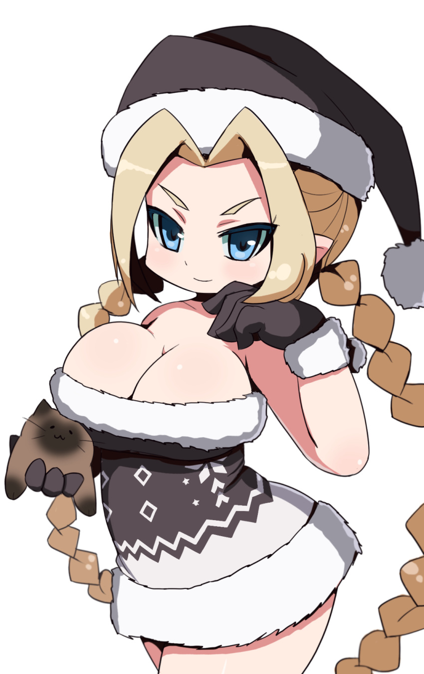 1girl, aqua_eyes, arched_back, bare_shoulders, black_gloves, black_hat, black_santa_costume, blonde_hair, braid, breasts, cat, christmas, cleavage, closed_mouth, commentary, cowboy_shot, english_commentary, forehead, gloves, hand_up, hat, highres, holding, holding_cat, large_breasts, long_hair, looking_at_viewer, novcel, original, pom_pom_(clothes), santa_costume, santa_hat, simple_background, smile, solo, tsurime, twin_braids, v-shaped_eyebrows, very_long_hair, white_background, widow's_peak