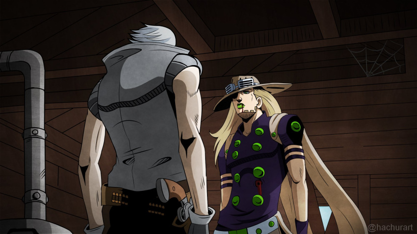 2boys, blonde_hair, grey_hair, gun, gyro_zeppeli, hachuart, handgun, highres, jojo_no_kimyou_na_bouken, long_hair, looking_at_another, multiple_boys, official_style, pistol, ringo_roadagain, short_hair, silk, spider_web, stare_down, steel_ball_run, twitter_username, weapon