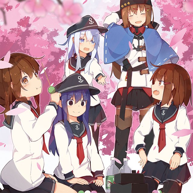 5girls, akatsuki_(kantai_collection), anchor_necklace, anchor_symbol, badge, belt, black_belt, black_bow, black_eyes, black_footwear, black_hat, black_legwear, black_skirt, blue_eyes, blue_hair, blue_shawl, bow, brown_eyes, brown_hair, brown_legwear, cherry_blossoms, dango, fang, flat_cap, folded_ponytail, food, grey_eyes, hair_bow, hair_ornament, hairclip, hat, hibiki_(kantai_collection), ikazuchi_(kantai_collection), inazuma_(kantai_collection), jacket, kantai_collection, light_blue_hair, long_hair, low_twintails, medium_hair, multiple_girls, neckerchief, official_art, pantyhose, papakha, pleated_skirt, red_neckwear, red_shirt, ribbon_trim, scarf, school_uniform, serafuku, shawl, shirt, short_hair, skirt, star, tashkent_(kantai_collection), thigh-highs, torn_scarf, twintails, wagashi, white_jacket, white_scarf, yadokari_(migihashi)