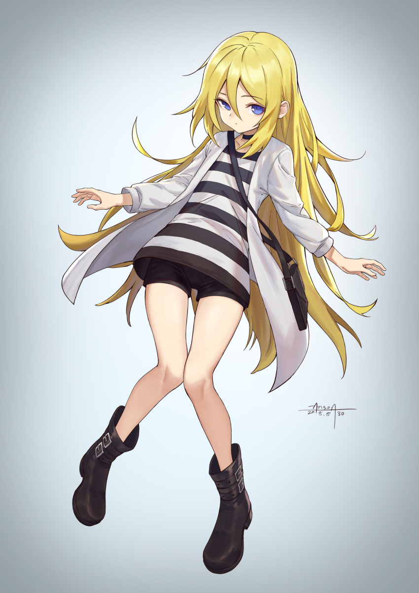 1girl, absurdres, anson_(13686564308), bag, black_choker, black_footwear, black_shorts, blonde_hair