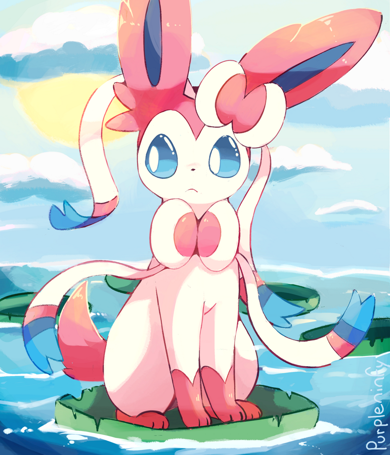 :<, artist_name, blue_eyes, blue_sclera, bow, clouds, commentary, creatures_(company), floating, game_freak, gen_6_pokemon, lily_pad, looking_to_the_side, nintendo, no_humans, outdoors, pokemon, pokemon_(creature), purpleninfy, ribbon, sitting, sky, sun, sylveon, water