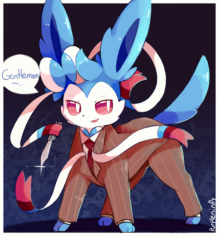 >:), alternate_color, artist_name, blue_background, blue_fur, border, bow, business_suit