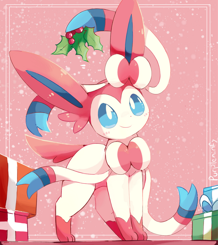 artist_name, blue_eyes, blue_sclera, blush, border, bow, christmas, commentary, creatures_(company), game_freak, gen_6_pokemon, gift, holly, nintendo, no_humans, pink_background, pokemon, pokemon_(creature), purpleninfy, ribbon, smile, snow, sylveon, white_border