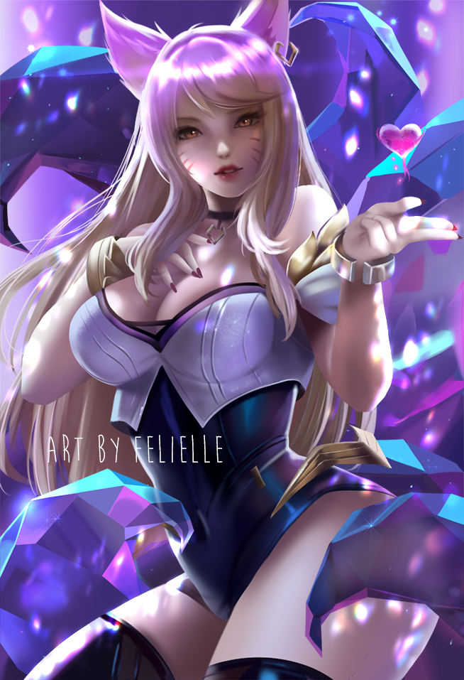 1girl, ahri, animal_ears, bare_shoulders, blonde_hair, bracelet, breasts, choker, cleavage, felielle, fox_ears, fox_tail, heart, idol, jewelry, k/da_(league_of_legends), k/da_ahri, league_of_legends, long_hair, makeup, tail, thigh-highs, whisker_markings, yellow_eyes