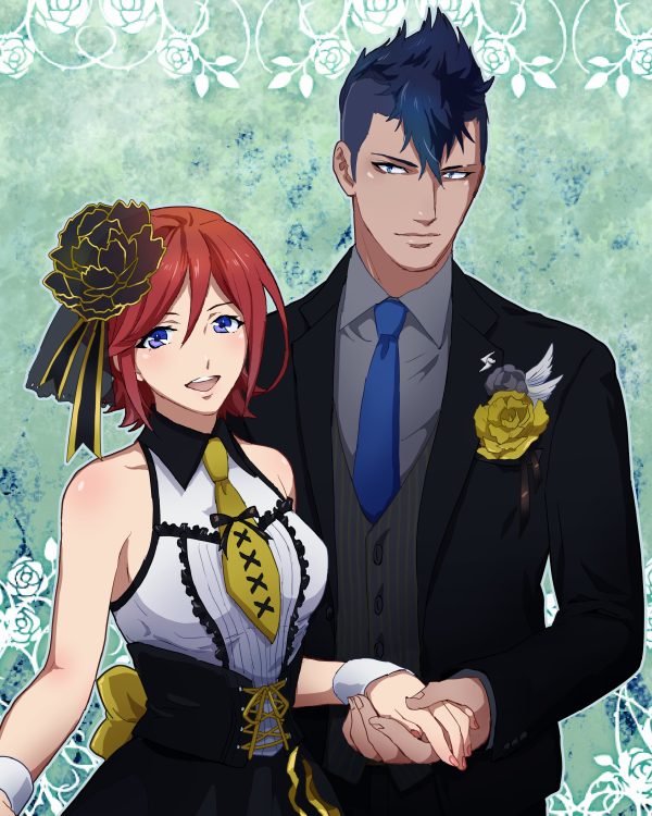 1boy, 1girl, bare_shoulders, blue_eyes, blue_hair, breasts, cero_(cerocero), corsage
