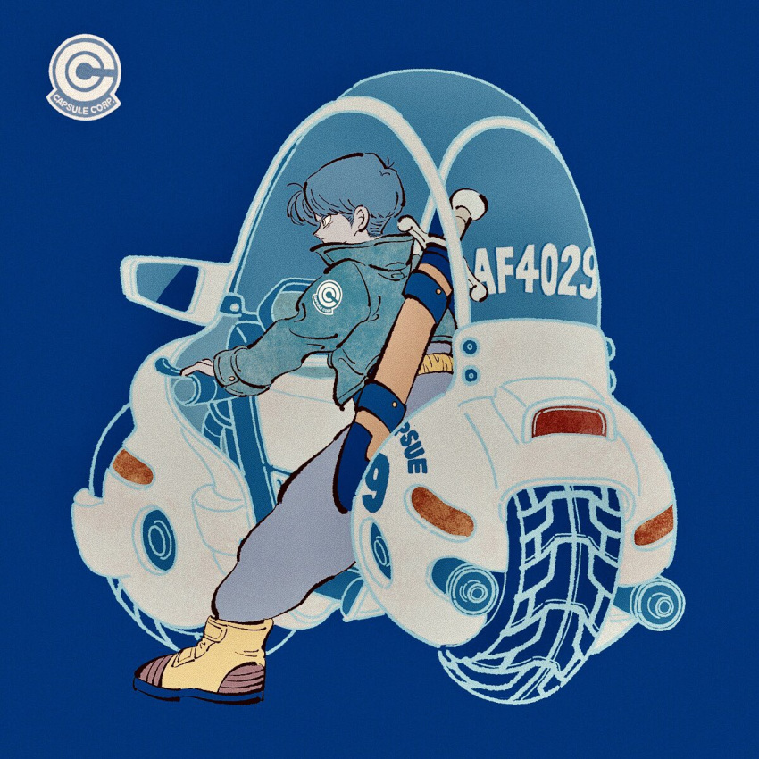 1boy, blue_background, blue_jacket, dragon_ball, dragonball_z, from_behind, grey_pants, ground_vehicle