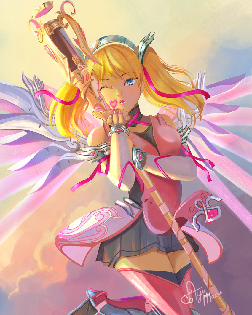 1girl, alternate_costume, alternate_hairstyle, artist_name, ayumaou, bare_shoulders, blonde_hair, blue_eyes, breasts, criss-cross_halter, dress, eyebrows_visible_through_hair, glowing, glowing_wings, hair_between_eyes, hair_ribbon, halterneck, highres, holding, holding_staff, lips, looking_at_viewer, mechanical_halo, mechanical_wings, medium_breasts, mercy_(overwatch), nose, overwatch, pink_dress, pink_lips, pink_mercy, pink_ribbon, ribbon, solo, spread_wings, staff, twintails, wings