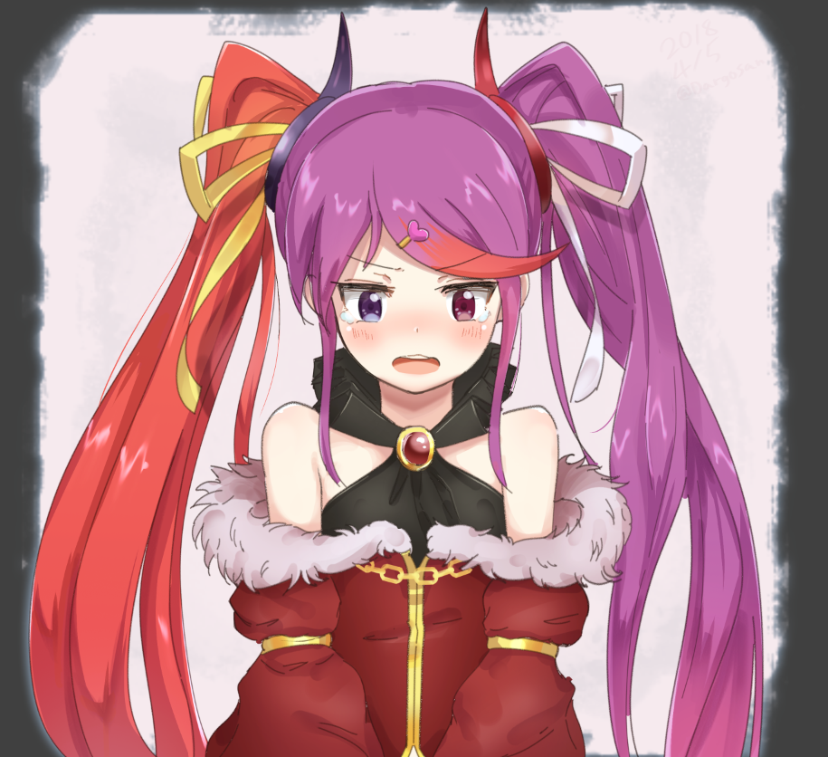 1girl, :o, arms_at_sides, bangs, bare_shoulders, blue_eyes, blush, brooch