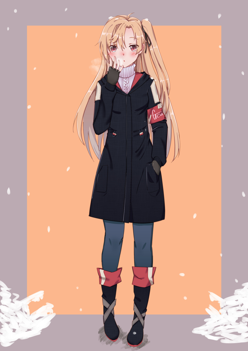 1girl, 4thrabbit, absurdres, alternate_costume, armband, azur_lane, blonde_hair, blowing_on_hands, blush, boots, casual, chinese_commentary, cleveland_(azur_lane), commentary_request, eyebrows_visible_through_hair, fingerless_gloves, full_body, gloves, hand_in_pocket, highres, jacket, leggings, long_hair, looking_at_viewer, one_side_up, red_eyes, ribbed_sweater, snow, standing, sweater, unmoving_pattern, very_long_hair
