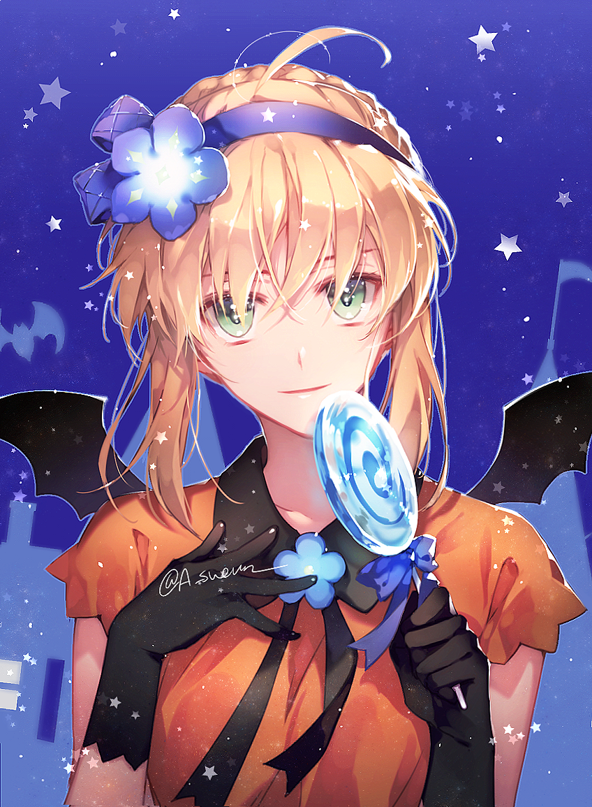 1girl, artoria_pendragon_(all), black_gloves, black_wings, blue_background, blue_flower, braid, breasts