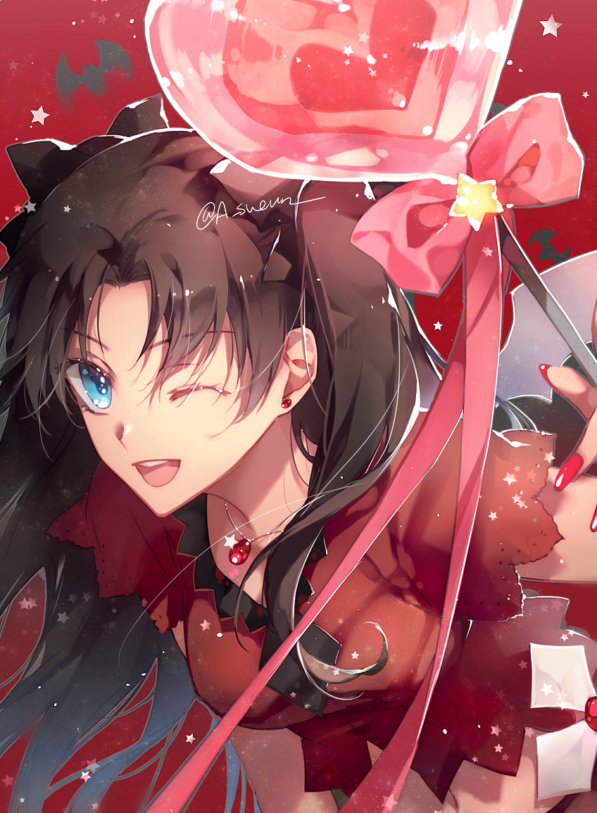 1girl, ;d, bangs, blue_eyes, blush, bow, breasts, brown_bow
