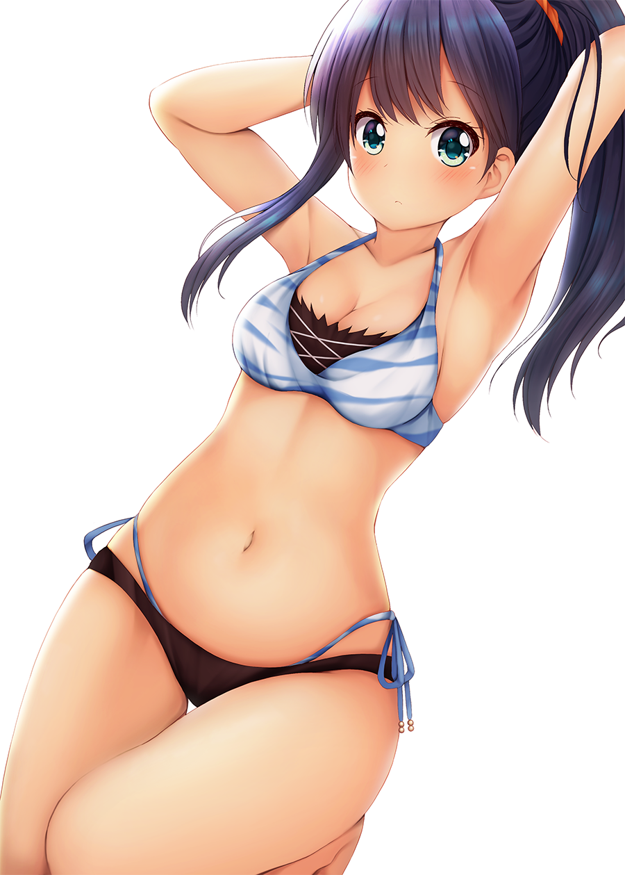 1girl, alternate_hairstyle, armpits, arms_up, bare_shoulders, bikini, blush, breasts, brown_bikini_bottom, cleavage, closed_mouth, collarbone, commentary_request, green_eyes, hair_ornament, hair_scrunchie, highres, layered_bikini, long_hair, medium_breasts, minato_(ojitan_gozaru), navel, orange_scrunchie, ponytail, purple_hair, revision, scrunchie, side-tie_bikini, sidelocks, simple_background, solo, ssss.gridman, swimsuit, takarada_rikka, white_background