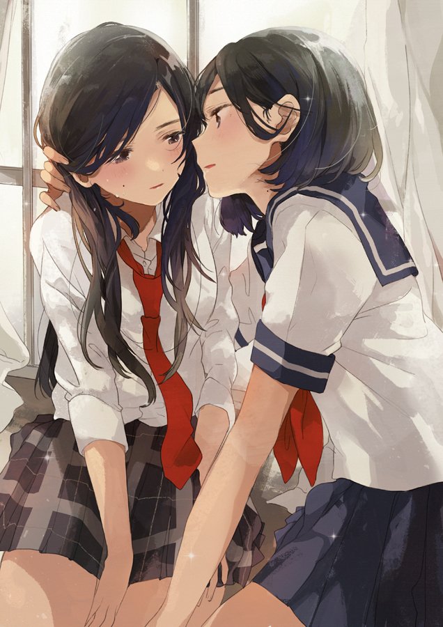 2girls, black_hair, blush, brown_eyes, collared_shirt, curtains, dress_shirt, fly_(marguerite)