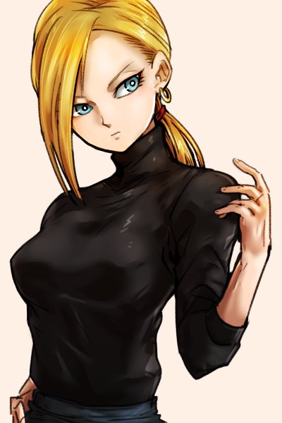 1girl, alternate_costume, alternate_hairstyle, android_18, bangs, black_shirt, blonde_hair, blue_eyes, dragon_ball, dragonball_z, earrings, head_tilt, hoop_earrings, jewelry, looking_at_viewer, low_ponytail, medium_hair, parted_bangs, ponytail, shirt, short_ponytail, solo, st62svnexilf2p9, turtlneck, upper_body