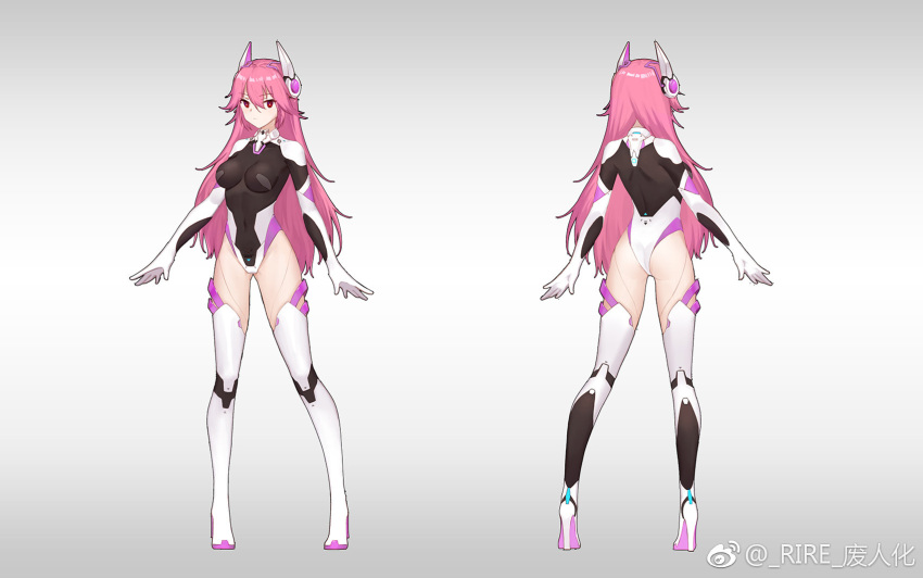 1girl, arms_at_sides, ass, bodysuit, boots, breasts, bright_pupils, character_sheet
