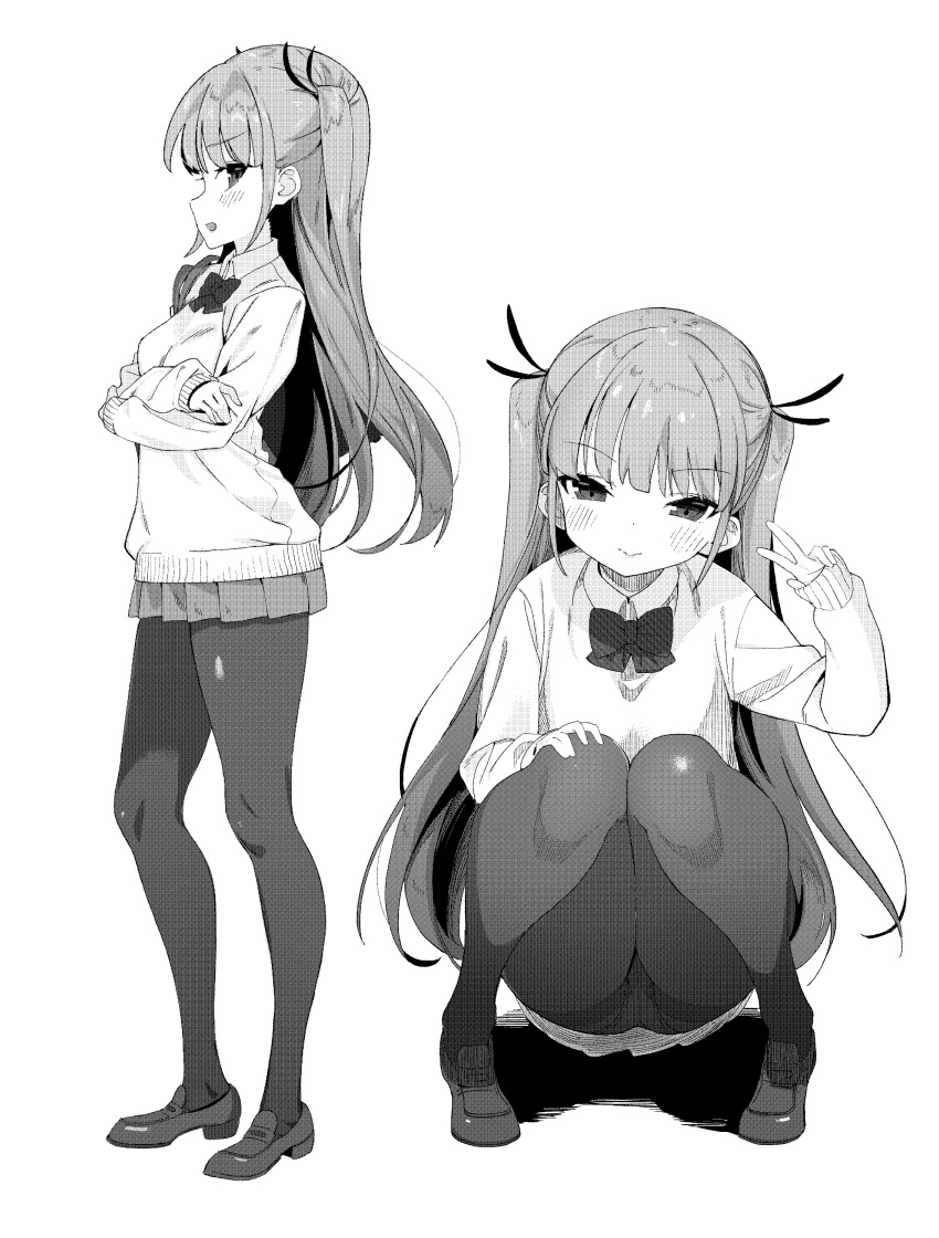 1girl, absurdres, bow, bowtie, crossed_arms, greyscale, hair_ribbon, hand_up