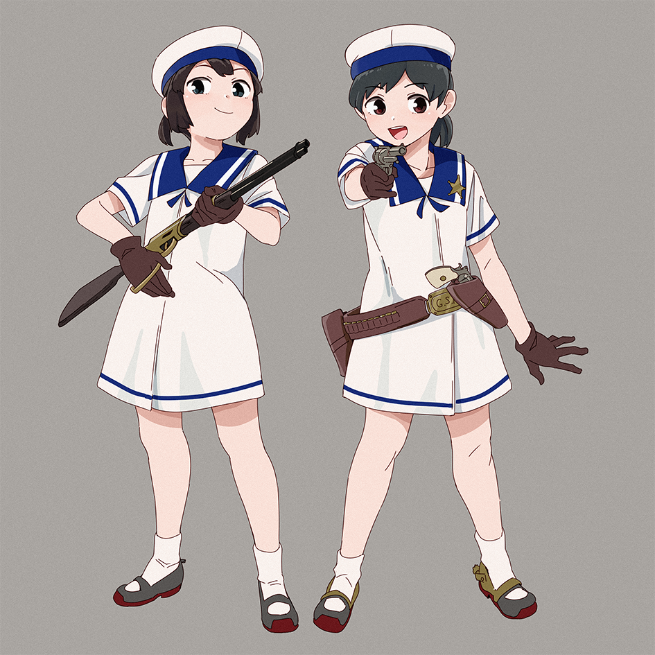 2girls, aiming, belt, black_hair, blue_eyes, blue_sailor_collar, brown_eyes, brown_hair