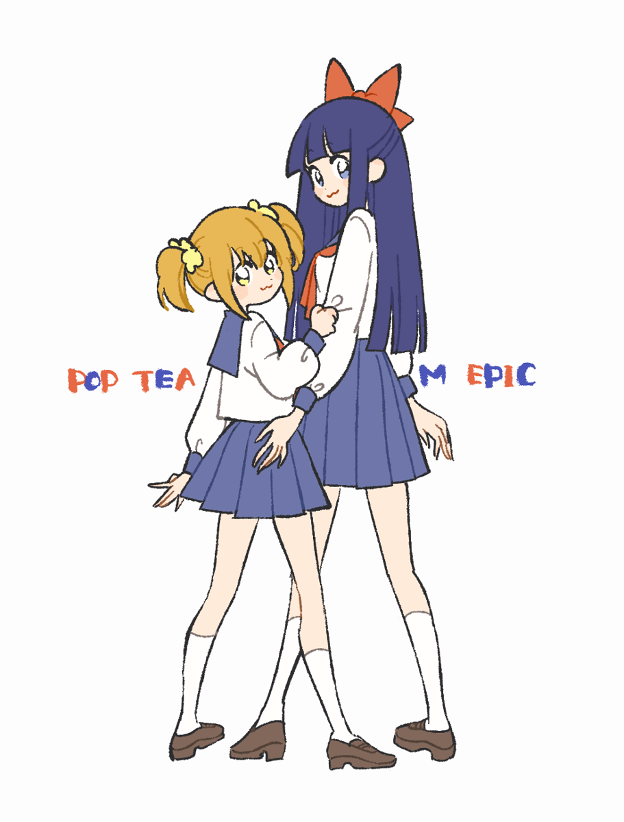 1girl, arm_at_side, arm_up, arms_at_sides, bangs, blue_eyes, blue_sailor_collar, blue_shirt, blue_skirt, bow, commentary, copyright_name, engrish_commentary, from_behind, full_body, hair_between_eyes, hair_bow, hair_ornament, hair_scrunchie, height_difference, highres, kneehighs, long_hair, long_sleeves, looking_at_viewer, looking_back, neckerchief, pipimi, pleated_skirt, poptepipic, popuko, red_bow, red_neckwear, rikuwo, sailor_collar, scrunchie, shirt, shirt_tug, short_twintails, simple_background, skirt, solo, standing, twintails, white_background, white_legwear, yellow_eyes, yellow_scrunchie